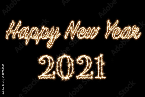 2021 written with Sparkle firework on black background, happy new year 2019 concept