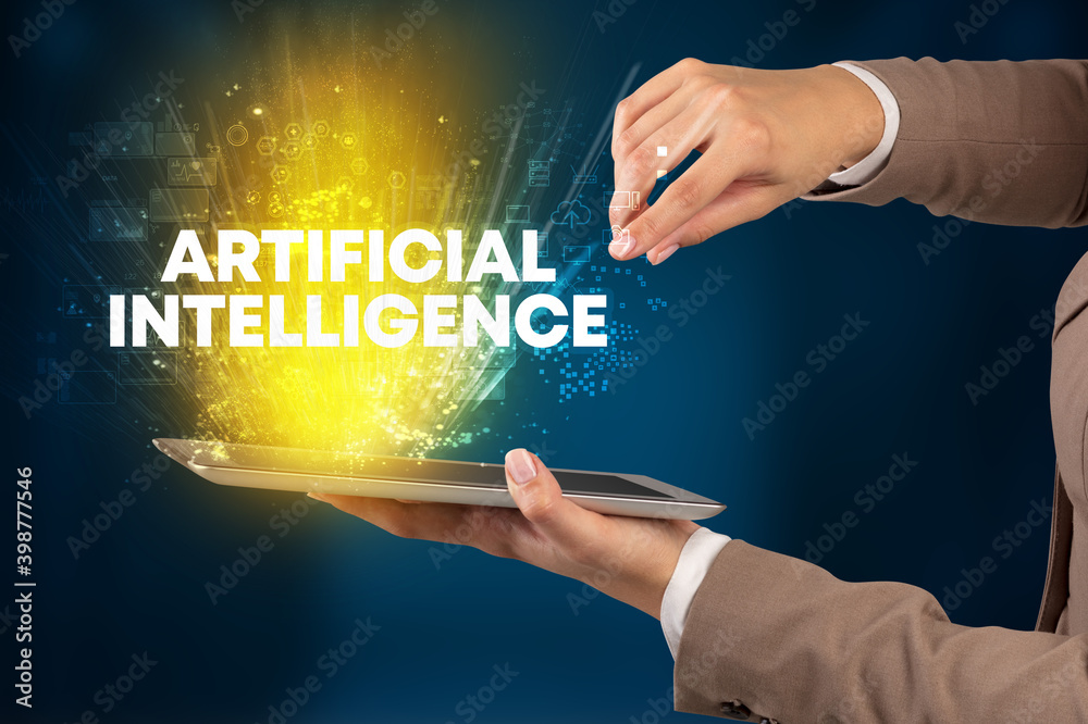 Close-up of a touchscreen with ARTIFICIAL INTELLIGENCE inscription, innovative technology concept Close-up of a touchscreen with ARTIFICIAL INTELLIGENCE inscription, innovative technology concept