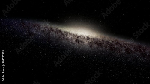 Exploration of galaxies through outer space towards a bright milky-way galaxy. 4K looping animation of flying through bright nebulae, clouds, and star fields. 