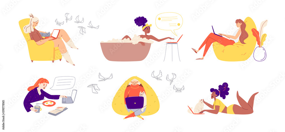 Comfortable remote work concept. Colorful set with young women working from home. A collection of girls working from the bath, at breakfast, or in a cozy yellow armchair. Vector stock illustration.