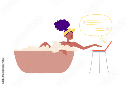 The girl lies in the bath with a laptop. A young woman with a yellow bow on her head answers messages while taking a bath. Remote work concept. Vector stock illustration isolated in cartoon style.