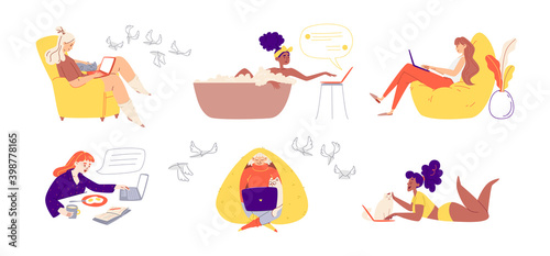 Fototapeta Naklejka Na Ścianę i Meble -  Comfortable remote work concept. Colorful set with young women working from home. A collection of girls working from the bath, at breakfast, or in a cozy yellow armchair. Vector stock illustration.
