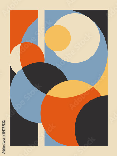 Art print trendy retro bauhaus geometric covers. Use for placards, brochures, posters, banners, wall decoration. Blue, red, black. Home interior poster. Planets, circles vintage design