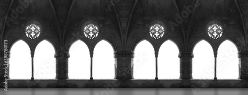 Retro style black and white photography. On the streets in Catalonia, public places. Elements of architectural decorations of buildings, doorways and arches, plaster moldings and patterns.  photo