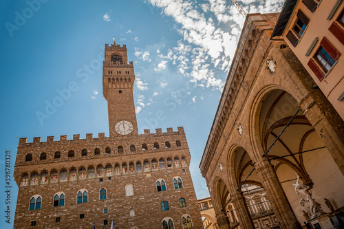 Italy. Florence. Palazzo Vecchio against a blue sky.