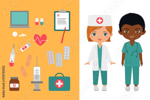 1465_Cute chibi characters in medical suits. Medical pharmaceutical, big set of medical products. Professions for children