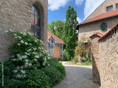 typical European German courtyard and paving stones on a Sunny summer day