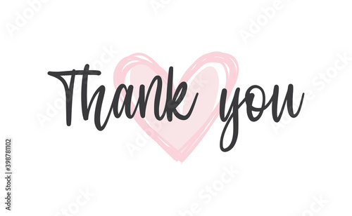 Thank you handwritten text. Calligraphy message with hand drawn heart background. Vector illustration.