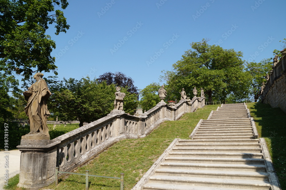 beautiful wide stone staircase and antique style statues