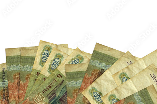 500 russian rubles bills lies on bottom side of screen isolated on white background with copy space. Background banner template photo