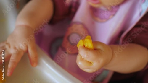 little baby infant eating baby-led led baby weaning blw food chair hands