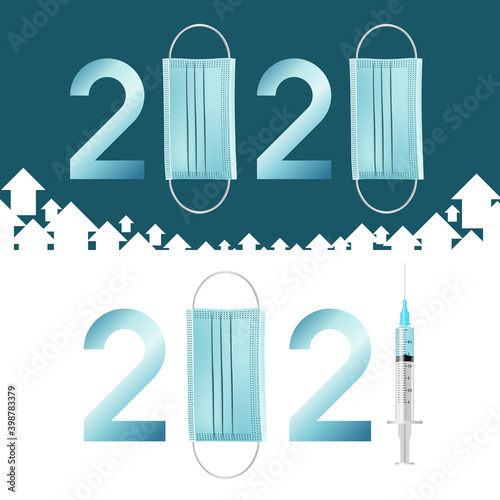 The year 2020, wearing masks prevent the coronavirus. The year 2021, produces a vaccine against covid 19 in a syringe. A white arrow plunges into the blue background. Vector illustration.