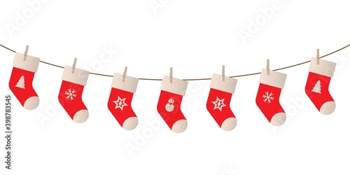 decorativechristmas red stockings with pins, garland for winter season vector isolated on white background