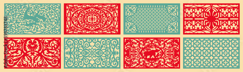 set of layouts for decorative panels made of plywood for laser cutting cnc