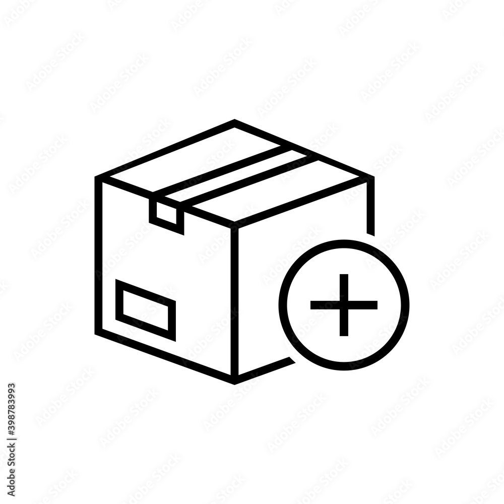 Nuevo envio. Logotipo caja de cartón con símbolo plus en círculo con lineas en color negro Nuevo envio. Logotipo caja de cartón con símbolo plus en círculo con lineas en color negro