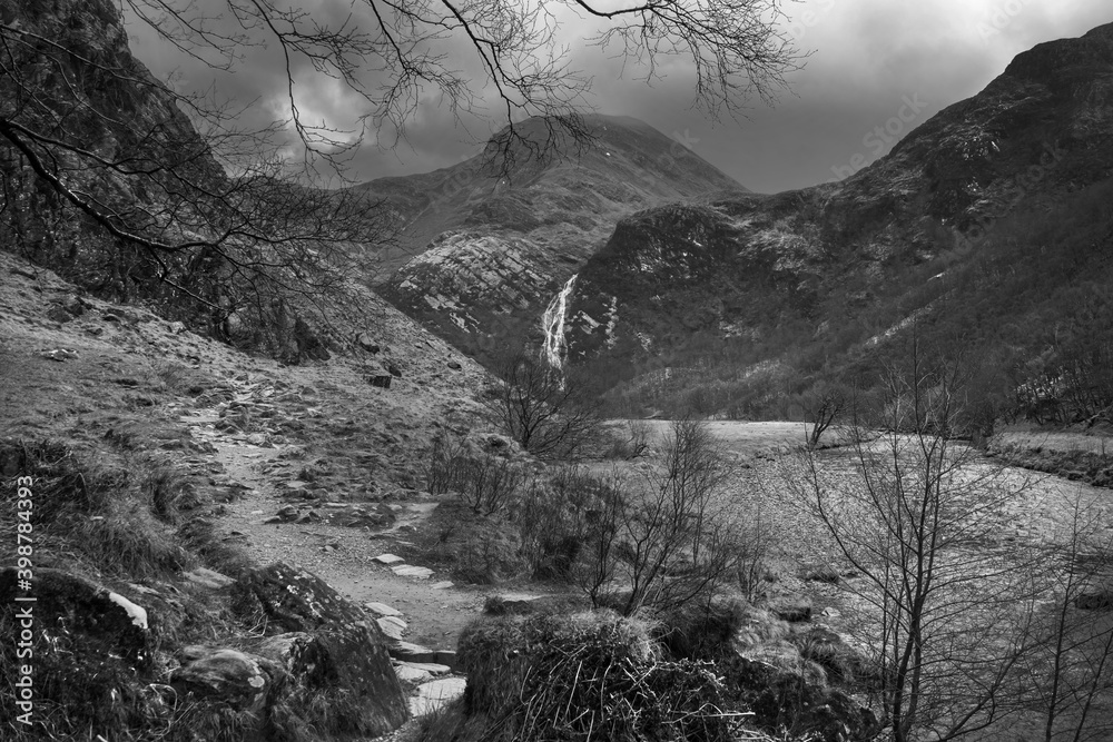 Steall Falls in monochrome Scotland