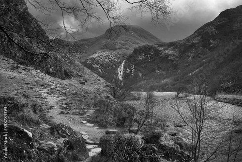 Steall Falls in monochrome Scotland