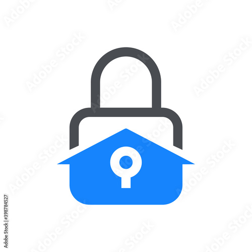 Logotipo seguridad en el hogar. Icono candado como casa con lineas en color gris y azul