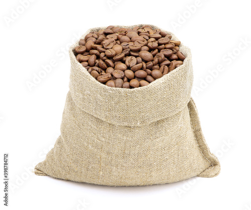 A sack of coffee isolated on a white background. Coffee beans in burlap saks. Coffee beans in jute bag