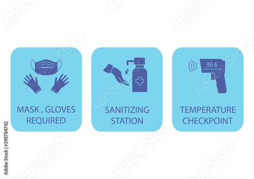 Sanitizing station. Temperature checkpoint. Mask, gloves and temperature scanning are required. Coronavirus rules. It could be used in the Train Station, Airport or other public places