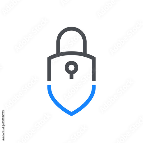 Logotipo seguridad. Icono con candado como escudo con lineas en color azul y gris