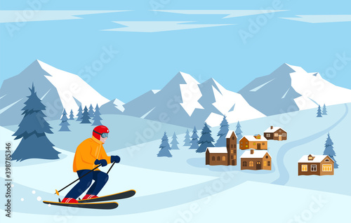 Skier in the snow mountains. Winter landscape.