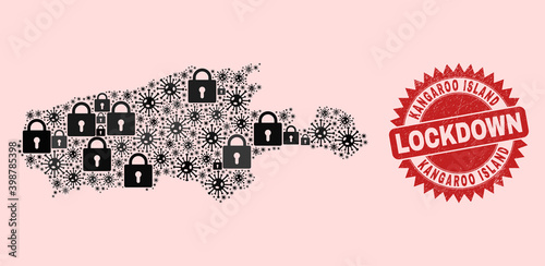 Vector pandemic lockdown mosaic Kangaroo Island map and dirty seal. Lockdown red seal uses sharp rosette form. Collage Kangaroo Island map is created from Covid, and locked items.