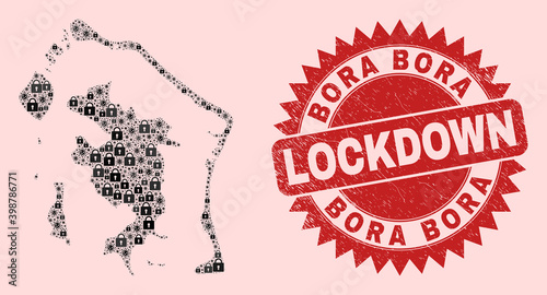 Vector pandemic lockdown composition Bora-Bora map and unclean stamp seal. Lockdown red stamp seal uses sharp rosette form. Mosaic Bora-Bora map is formed from SARS virus, and locked items.