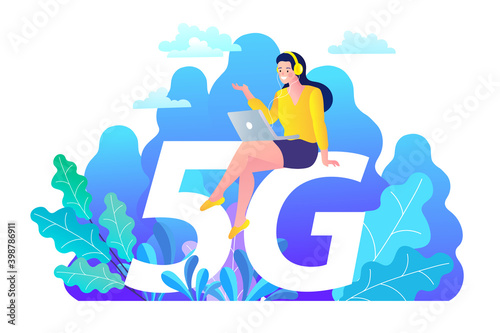 A woman with headphones works on her laptop while sitting on a giant 5G symbol. Lush plants surround her, illustrating a modern lifestyle with a high speed internet connection in a natural setting.