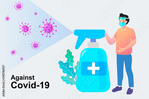 People wearing Face Mask Fight Against Covid-19. Hygiene promotion with wearing a face mask, sanitizing with alcohol.