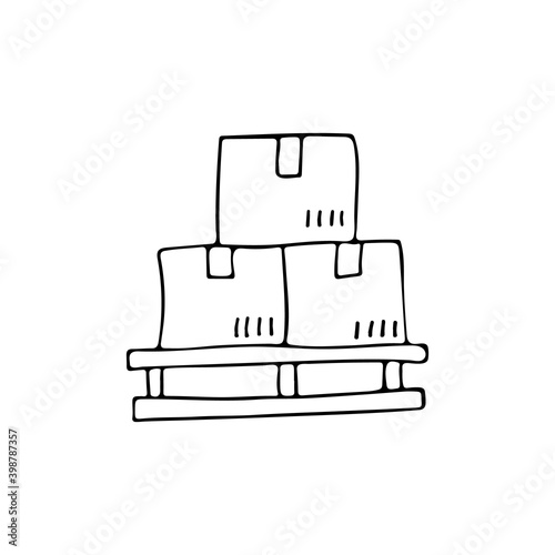Hand drawn warehouse pallet with boxes in vector. Doodle warehouse pallet icon in vector. Isolated warehouse pallet with boxes illustration in vector.