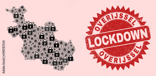 Vector Covid-2019 lockdown composition Overijssel Province map and textured stamp imitation. Lockdown red stamp uses sharp rosette form. Collage Overijssel Province map is constructed from Covid,