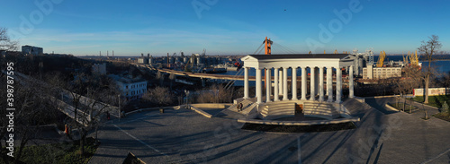Air panorana city landscape with Primorsky Boulevard and sea port in Odessa Ukraine