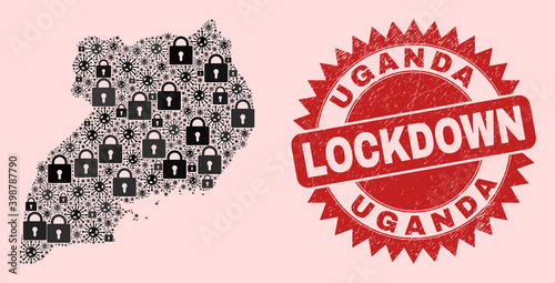 Vector Covid lockdown composition Uganda map and scratched seal. Lockdown red stamp seal uses sharp rosette form. Collage Uganda map is done with covid- 2019 virus, and locked items.