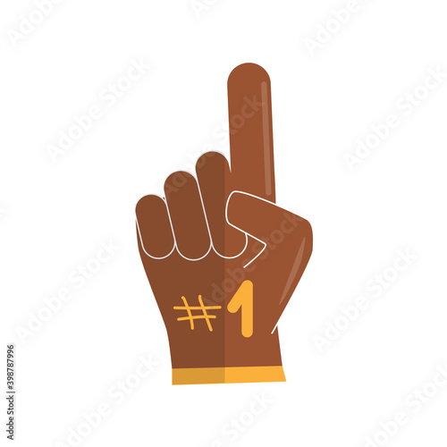 Brown rugby, american football, soccer fan hand number one glove. Super bowl, sports equipment concepts. Flat illustration.