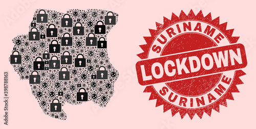 Vector coronavirus lockdown collage Suriname map and unclean stamp imitation. Lockdown red stamp seal uses sharp rosette shape. Mosaic Suriname map is formed from flu virus, and lock icons.