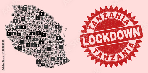 Vector Covid-2019 lockdown collage Tanzania map and grunge watermark. Lockdown red watermark uses sharp rosette shape. Mosaic Tanzania map is formed of Covid, and locked items.