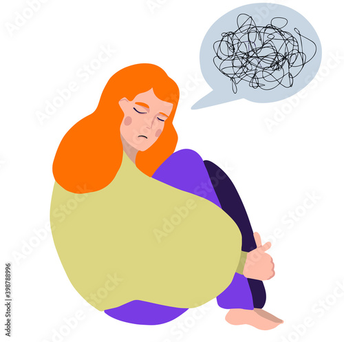 Frustrated woman with nervous problem feel anxiety and confusion of thoughts. Depression, sorrow, sadness, mental disorder, illness. Colorful vector illustration.