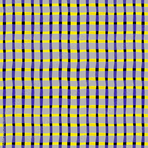 Watercolor plaid seamless pattern. Yellow and blue color on a grey background. Hand drown.