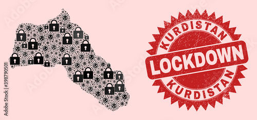 Vector Viral lockdown collage Kurdistan map and dirty stamp imitation. Lockdown red stamp uses sharp rosette form. Mosaic Kurdistan map is done with covid- 2019 virus, and lock items.