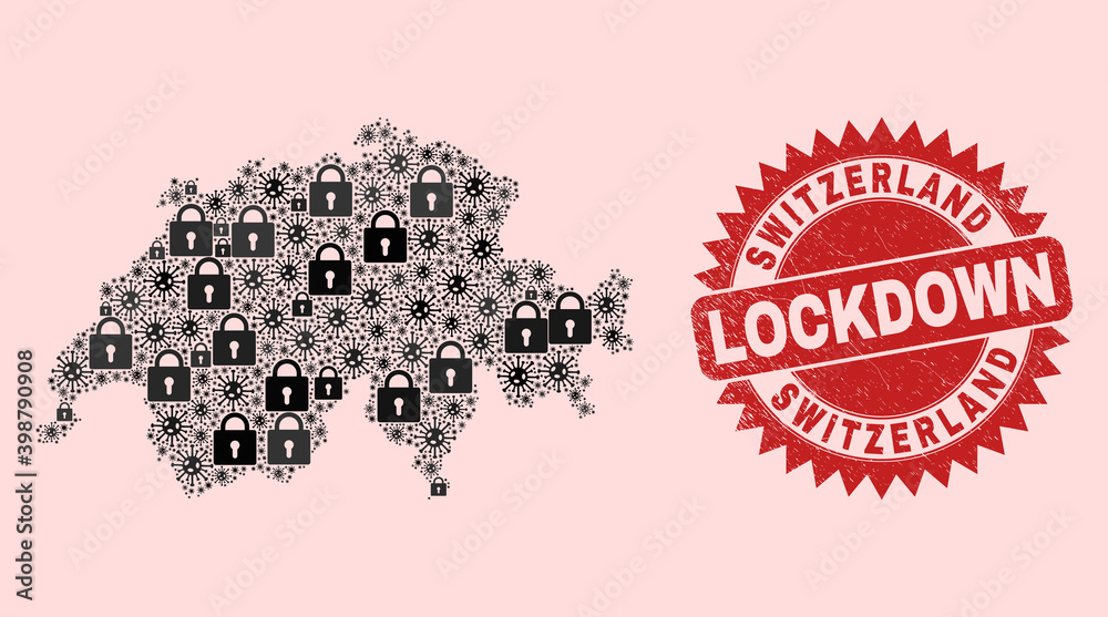 Vector Covid lockdown mosaic Switzerland map and scratched stamp seal. Lockdown red stamp seal uses sharp rosette shape. Mosaic Switzerland map is made from Covid-2019, and locked items. Vector Covid lockdown mosaic Switzerland map and scratched stamp seal. Lockdown red stamp seal uses sharp rosette shape. Mosaic Switzerland map is made from Covid-2019, and locked items.