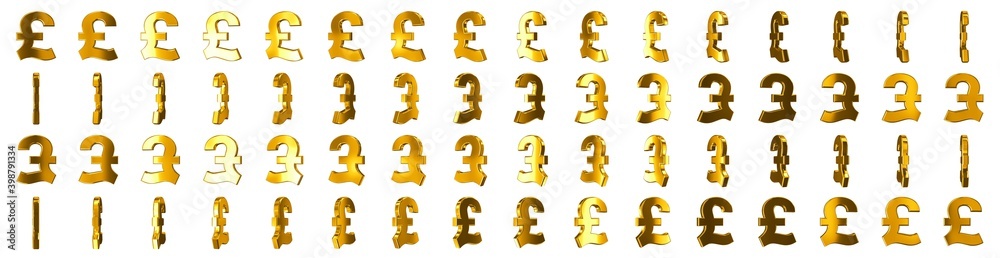 Frames of a rotating golden pound of sterling sign. Effect 3D animation with 360 degrees rotation Frames of a rotating golden pound of sterling sign. Effect 3D animation with 360 degrees rotation