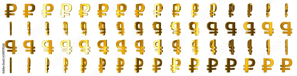 Frames of a rotating golden russian ruble sign. Effect 3D animation with 360 degrees rotation Frames of a rotating golden russian ruble sign. Effect 3D animation with 360 degrees rotation