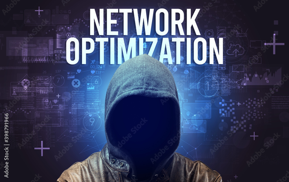 Faceless man with NETWORK OPTIMIZATION inscription, online security concept Faceless man with NETWORK OPTIMIZATION inscription, online security concept