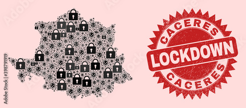 Vector Viral lockdown composition Caceres Province map and dirty stamp. Lockdown red stamp seal uses sharp rosette form. Collage Caceres Province map is organized of virus, and lock items.