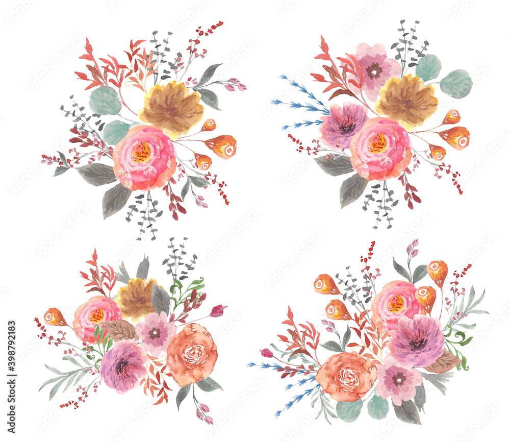 vintage pretty floral bouquet collection with watercolor