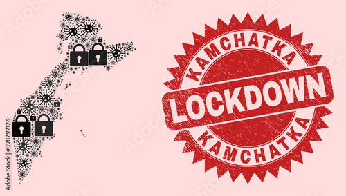 Vector coronavirus lockdown mosaic Kamchatka map and scratched stamp seal. Lockdown red stamp uses sharp rosette form. Collage Kamchatka map is constructed with coronavirus, and lock icons.