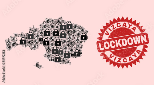 Vector Viral lockdown collage Vizcaya Province map and corroded stamp. Lockdown red stamp seal uses sharp rosette shape. Collage Vizcaya Province map is done of viral, and locked items.