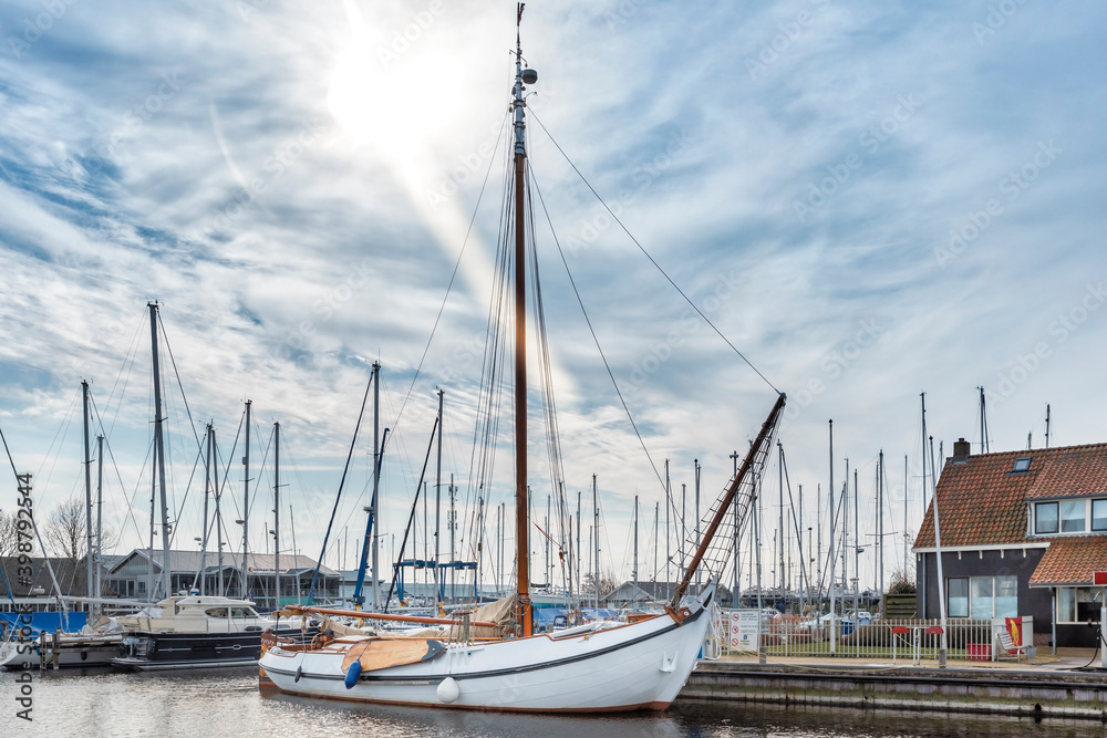 Flatboat and marina in Hindeloopen, Netherlands
