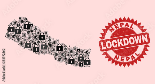 Vector pandemic lockdown collage Nepal map and scratched stamp. Lockdown red stamp uses sharp rosette form. Mosaic Nepal map is done from Covid-2019, and locked icons.